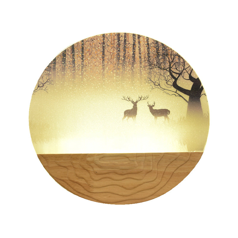 Acrylic Circular Shaped Wall Mounted Light Minimalist Style LED Wall Mural Lamp in Wood with Tree/Elk Pattern Clearhalo 'Wall Lamps & Sconces' 'Wall Lights' Lighting' 1194999