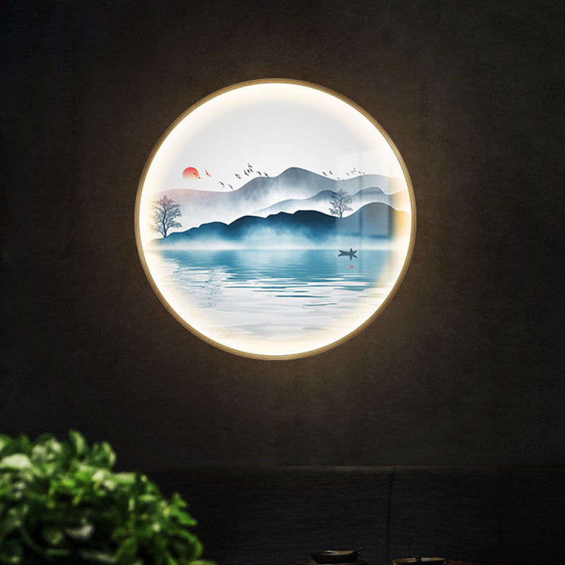 Gold Circular Mountain and Lake Mural Light Chinese LED Metallic Wall Lighting Idea Clearhalo 'Wall Lamps & Sconces' 'Wall Lights' Lighting' 1195062