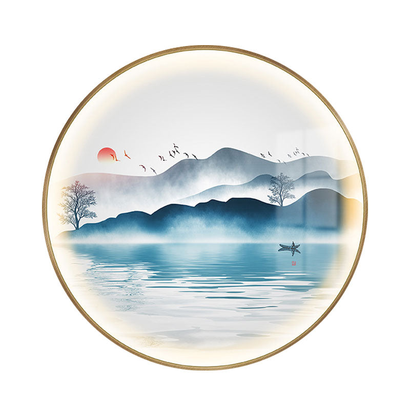 Gold Circular Mountain and Lake Mural Light Chinese LED Metallic Wall Lighting Idea Clearhalo 'Wall Lamps & Sconces' 'Wall Lights' Lighting' 1195063