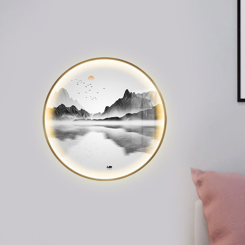 Asia Style Round Metal Wall Mounted Lamp LED Wall Mural Light in Gold with River and Mountain Pattern Gold Clearhalo 'Wall Lamps & Sconces' 'Wall Lights' Lighting' 1195074