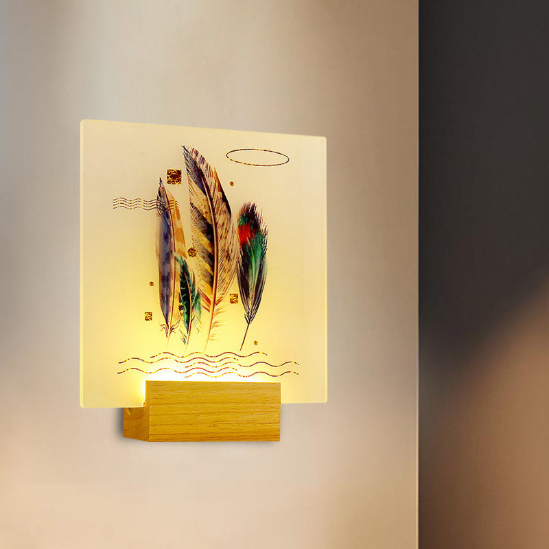 Wood Square Shaped Feather Wall Lamp Asia Style LED Acrylic Wall Mural Light for Living Room Wood Clearhalo 'Wall Lamps & Sconces' 'Wall Lights' Lighting' 1195107