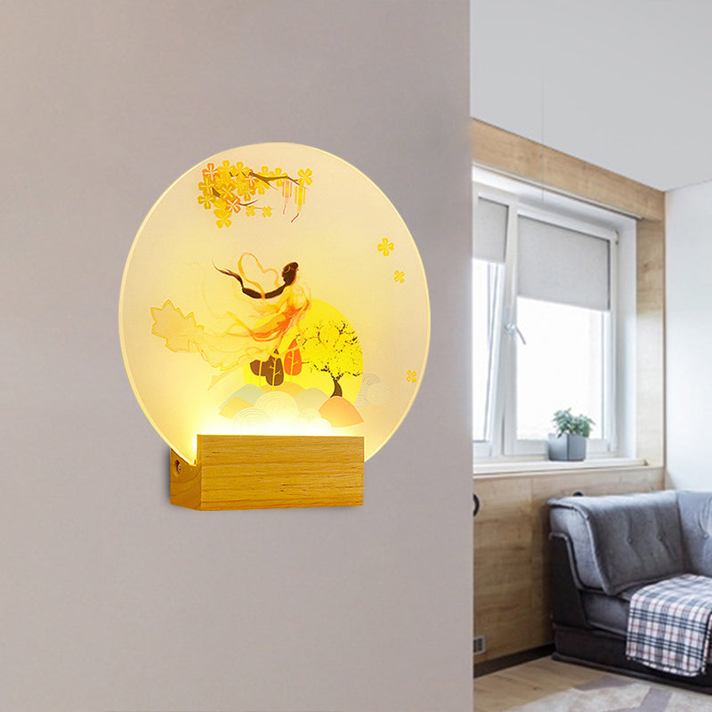 Round Shaped Bedroom Goddess Wall Lighting Acrylic LED Chinese Style Mural Lamp in Wood Wood Clearhalo 'Wall Lamps & Sconces' 'Wall Lights' Lighting' 1195111