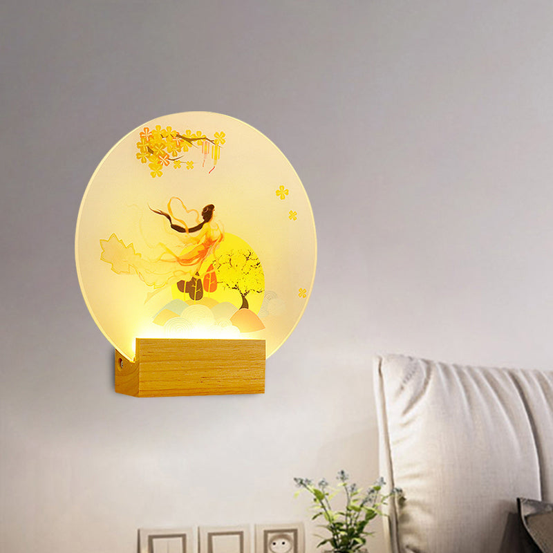 Round Shaped Bedroom Goddess Wall Lighting Acrylic LED Chinese Style Mural Lamp in Wood Clearhalo 'Wall Lamps & Sconces' 'Wall Lights' Lighting' 1195112