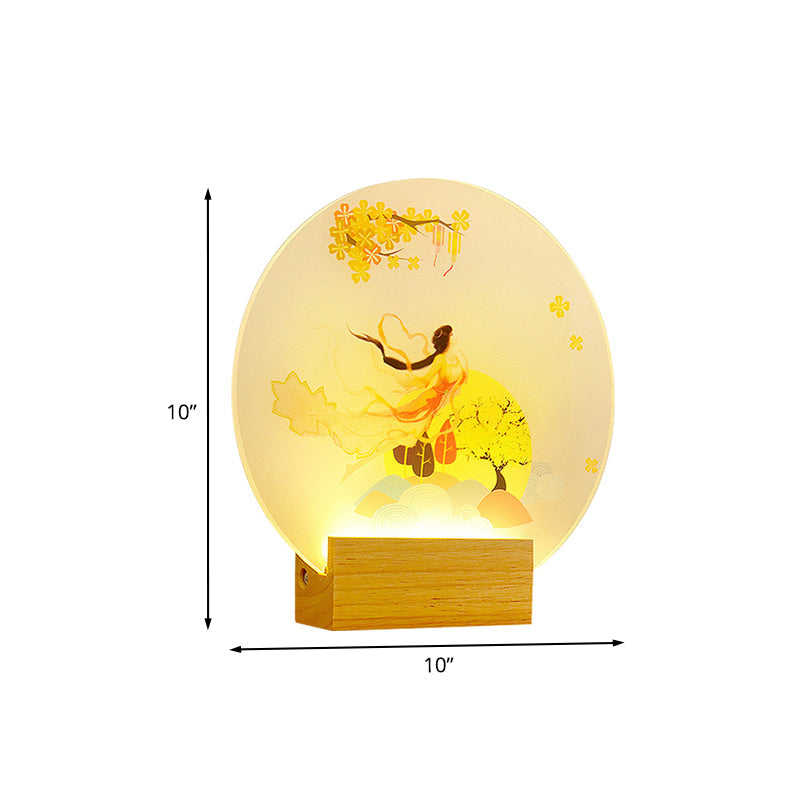 Round Shaped Bedroom Goddess Wall Lighting Acrylic LED Chinese Style Mural Lamp in Wood Clearhalo 'Wall Lamps & Sconces' 'Wall Lights' Lighting' 1195114