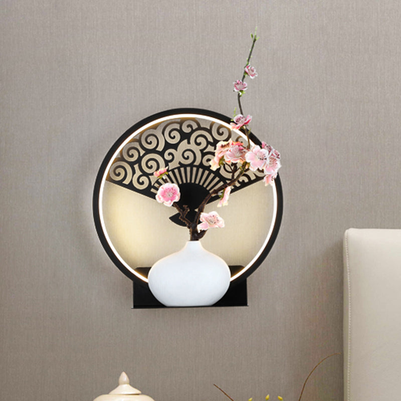 Rounded Metallic Wall Mural Lamp Oriental LED Black Wall Mounted Light Fixture with Fan and Plum Pattern, Warm/White Light Black Clearhalo 'Wall Lamps & Sconces' 'Wall Lights' Lighting' 1195119