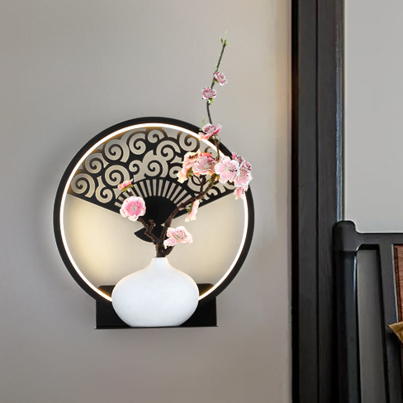 Rounded Metallic Wall Mural Lamp Oriental LED Black Wall Mounted Light Fixture with Fan and Plum Pattern, Warm/White Light Clearhalo 'Wall Lamps & Sconces' 'Wall Lights' Lighting' 1195120