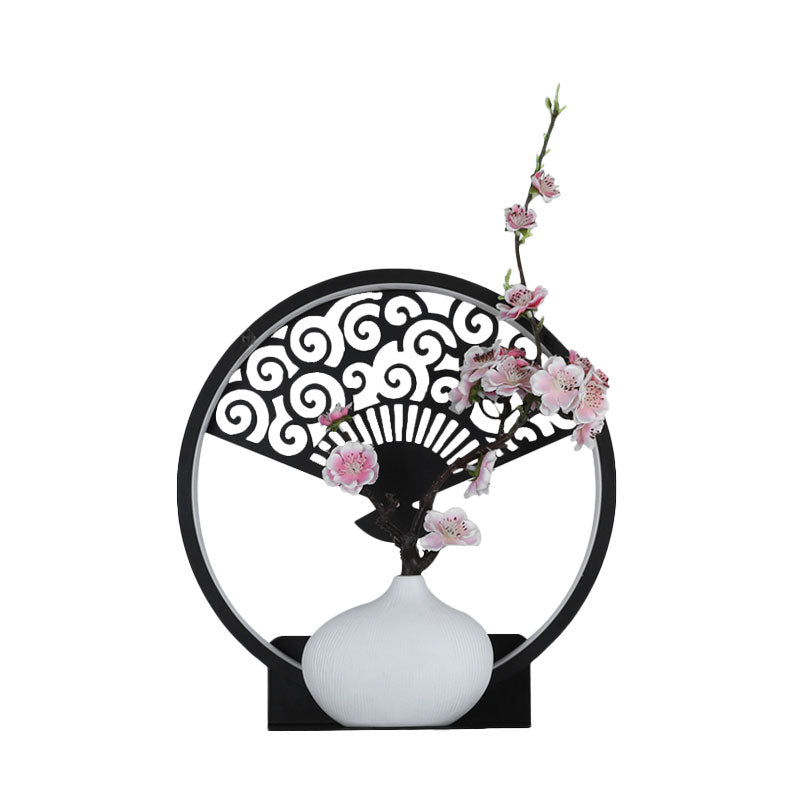 Rounded Metallic Wall Mural Lamp Oriental LED Black Wall Mounted Light Fixture with Fan and Plum Pattern, Warm/White Light Clearhalo 'Wall Lamps & Sconces' 'Wall Lights' Lighting' 1195121