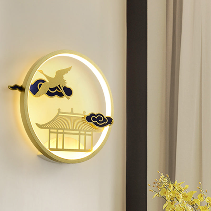 Circular Crane and House Wall Lighting Asia Style Metallic LED Hallway Wall Mural Light in Gold Gold Clearhalo 'Wall Lamps & Sconces' 'Wall Lights' Lighting' 1195135