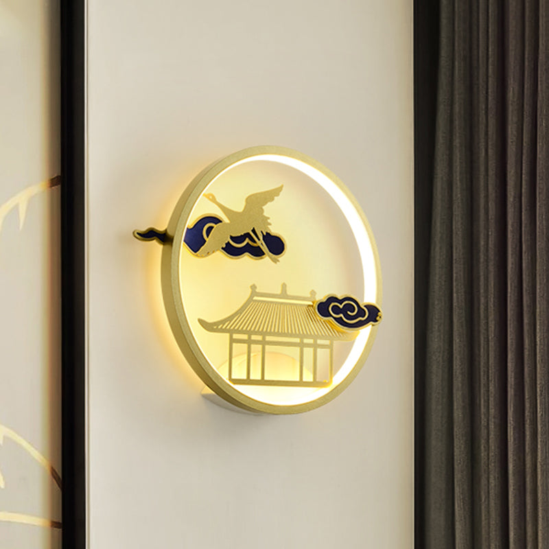 Circular Crane and House Wall Lighting Asia Style Metallic LED Hallway Wall Mural Light in Gold Clearhalo 'Wall Lamps & Sconces' 'Wall Lights' Lighting' 1195136