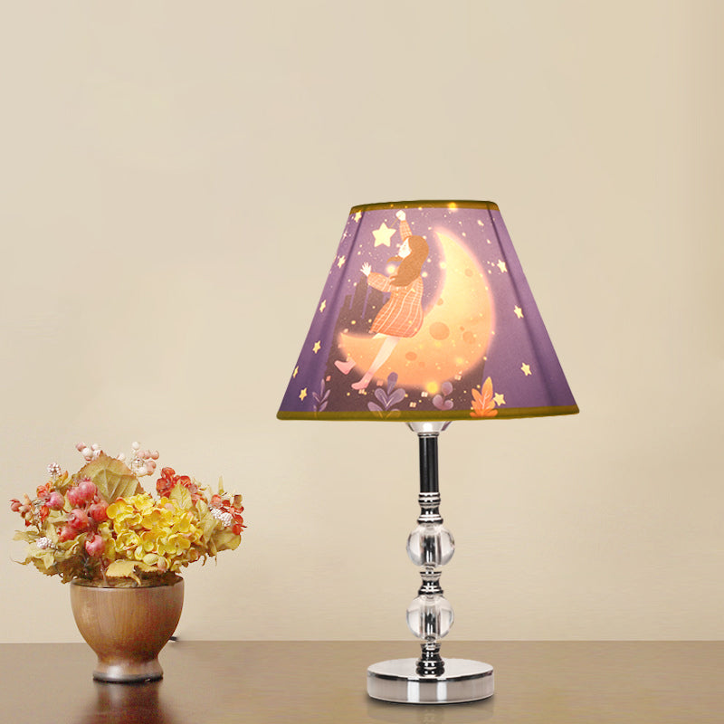 Blue Barrel Shade Table Light Cartoon 1 Bulb Fabric Desk Lamp with Girl and Starry Sky Pattern Blue Clearhalo 'Lamps' 'Table Lamps' Lighting' 1195223