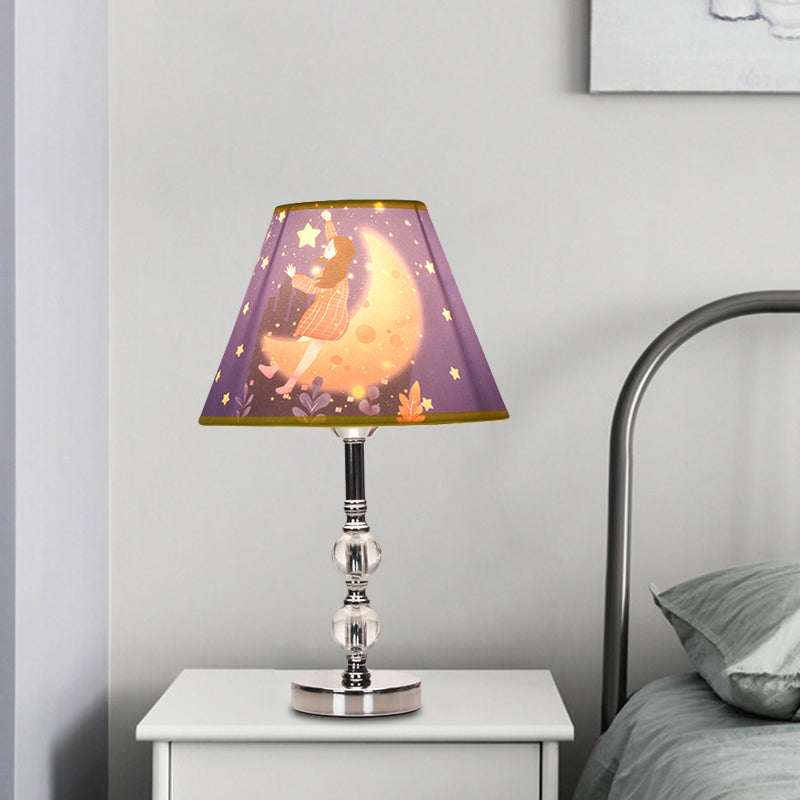 Blue Barrel Shade Table Light Cartoon 1 Bulb Fabric Desk Lamp with Girl and Starry Sky Pattern Clearhalo 'Lamps' 'Table Lamps' Lighting' 1195224