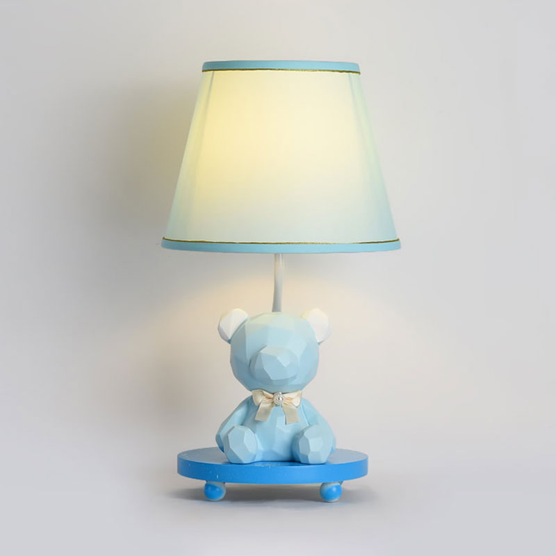 Barrel Shade Bedside Table Lamp Fabric 1 Bulb Cartoon Bear Nightstand Lighting in Blue/Pink Clearhalo 'Lamps' 'Table Lamps' Lighting' 1195233