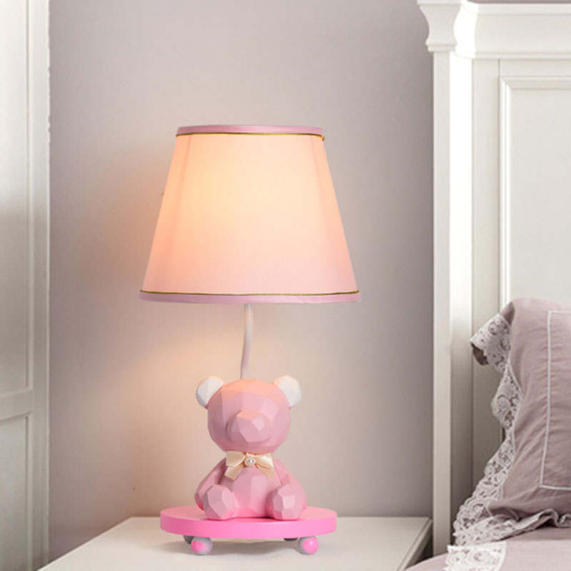 Barrel Shade Bedside Table Lamp Fabric 1 Bulb Cartoon Bear Nightstand Lighting in Blue/Pink Pink Clearhalo 'Lamps' 'Table Lamps' Lighting' 1195235