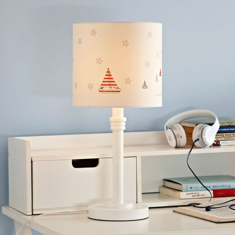 Single Bedroom Nightstand Light Cartoon White Table Lamp with Drum Patterned Fabric Shade White Clearhalo 'Lamps' 'Table Lamps' Lighting' 1195239