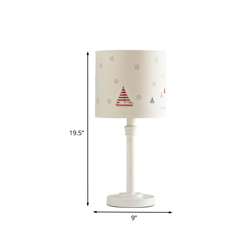 Single Bedroom Nightstand Light Cartoon White Table Lamp with Drum Patterned Fabric Shade Clearhalo 'Lamps' 'Table Lamps' Lighting' 1195242