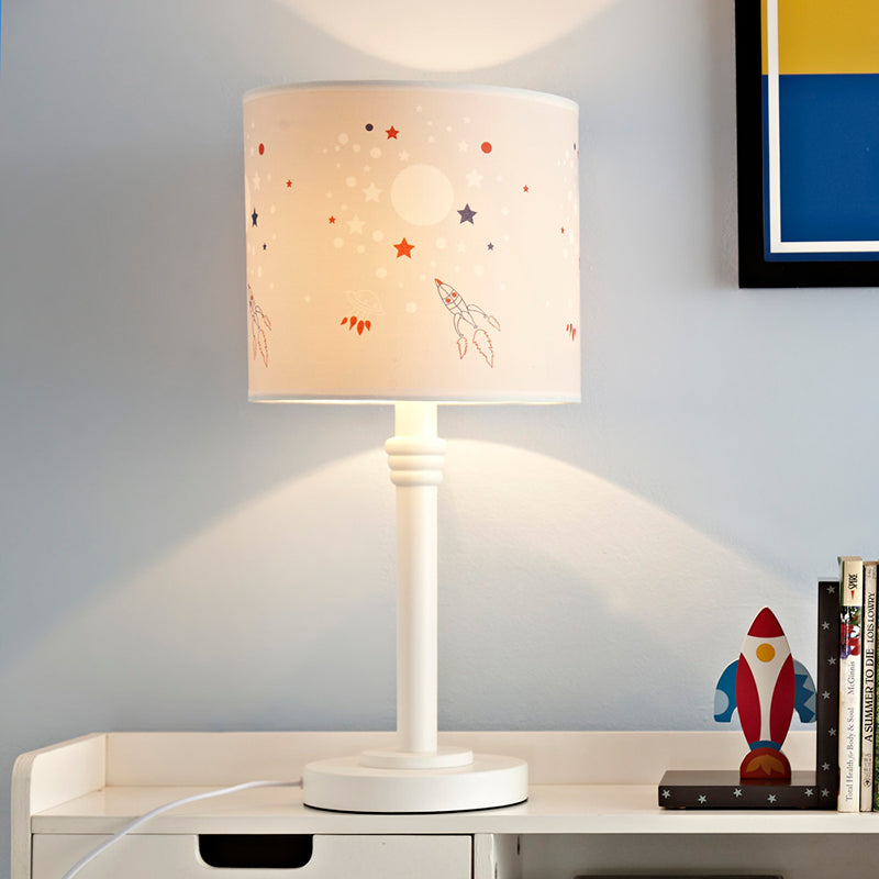 Cartoon Cylinder Shade Table Light Patterned Fabric 1 Light Study Room Reading Book Lamp in White White Clearhalo 'Lamps' 'Table Lamps' Lighting' 1195243
