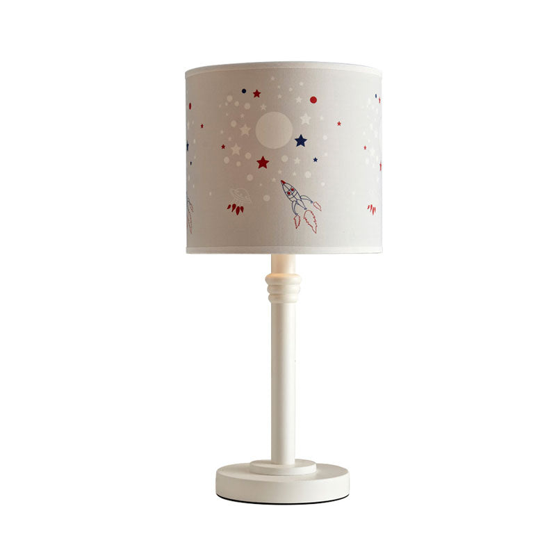 Cartoon Cylinder Shade Table Light Patterned Fabric 1 Light Study Room Reading Book Lamp in White Clearhalo 'Lamps' 'Table Lamps' Lighting' 1195245