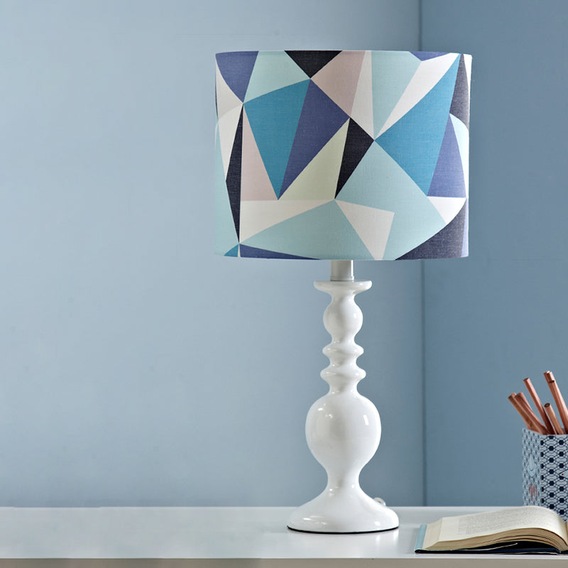 Drum Shade Night Table Light Kids Fabric 1 Head Pink/Blue Nightstand Lamp with Geometric Pattern Blue Clearhalo 'Lamps' 'Table Lamps' Lighting' 1195247