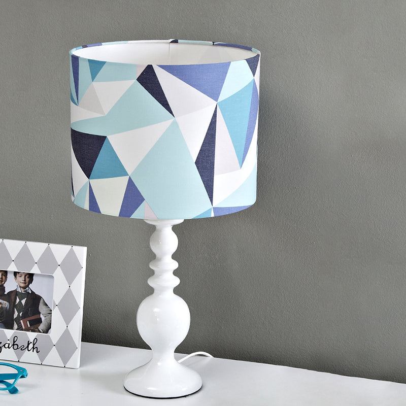 Drum Shade Night Table Light Kids Fabric 1 Head Pink/Blue Nightstand Lamp with Geometric Pattern Clearhalo 'Lamps' 'Table Lamps' Lighting' 1195248