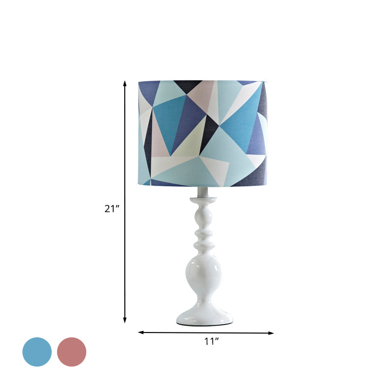 Drum Shade Night Table Light Kids Fabric 1 Head Pink/Blue Nightstand Lamp with Geometric Pattern Clearhalo 'Lamps' 'Table Lamps' Lighting' 1195250