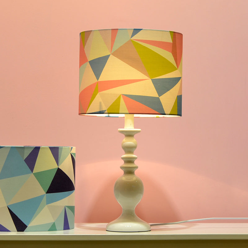 Drum Shade Night Table Light Kids Fabric 1 Head Pink/Blue Nightstand Lamp with Geometric Pattern Pink Clearhalo 'Lamps' 'Table Lamps' Lighting' 1195251