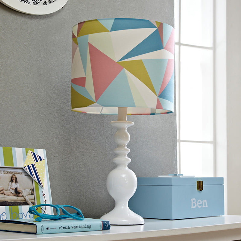 Drum Shade Night Table Light Kids Fabric 1 Head Pink/Blue Nightstand Lamp with Geometric Pattern Clearhalo 'Lamps' 'Table Lamps' Lighting' 1195252
