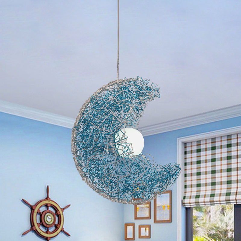 Blue Finish Moon Shaped Suspension Light Nordic Style 1 Bulb Metal Wire Pendulum Lamp Blue Clearhalo 'Ceiling Lights' 'Pendant Lights' 'Pendants' Lighting' 1195255_45904e95-0a67-44cc-9a5f-d1d9d3a67366