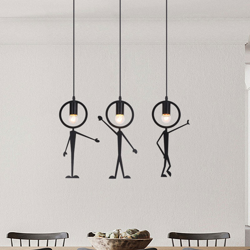 Human-Like Iron Multi Light Pendant with Bare Bulb Design Creative 3-Head Black Suspension Lamp Clearhalo 'Ceiling Lights' 'Pendant Lights' 'Pendants' Lighting' 1195276