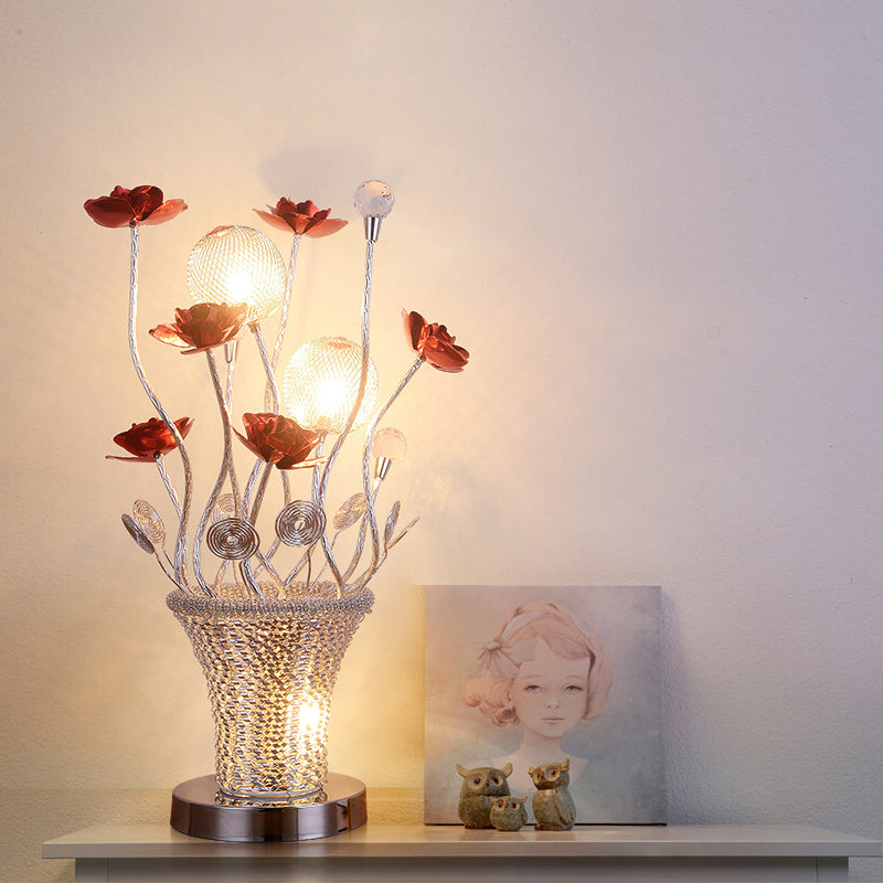 LED Potted-Flower Nightstand Light Country Red and Chrome Finish Aluminum Wire Table Lamp Chrome Clearhalo 'Lamps' 'Table Lamps' Lighting' 1195303