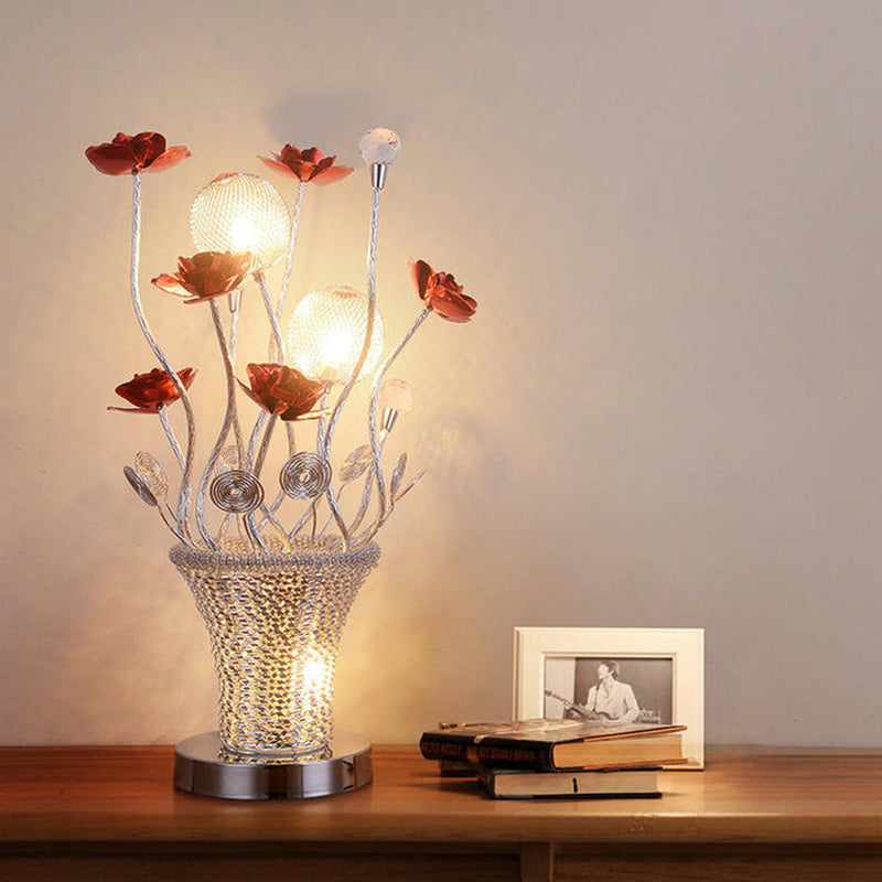 LED Potted-Flower Nightstand Light Country Red and Chrome Finish Aluminum Wire Table Lamp Clearhalo 'Lamps' 'Table Lamps' Lighting' 1195304