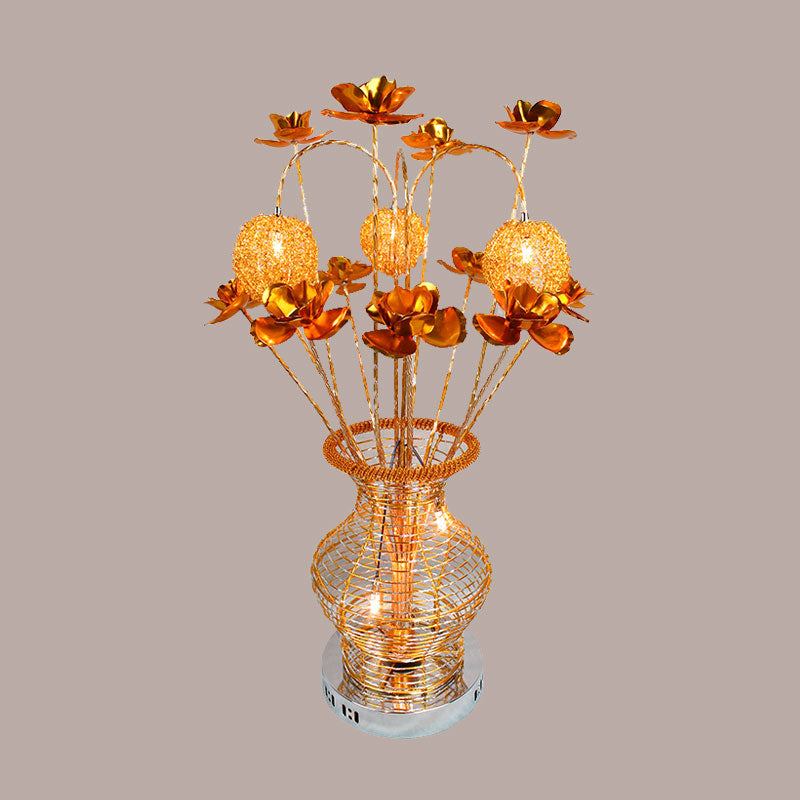 Gold Vase and Floret Table Lamp Art Deco Aluminum Wire LED Bedroom Night Lighting Clearhalo 'Lamps' 'Table Lamps' Lighting' 1195313
