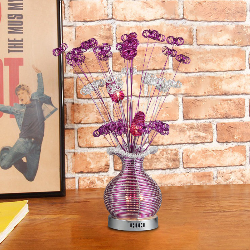 Art Deco Plant and Vase Nightstand Light Aluminum Wire LED Night Table Lamp in Purple Purple Clearhalo 'Lamps' 'Table Lamps' Lighting' 1195315