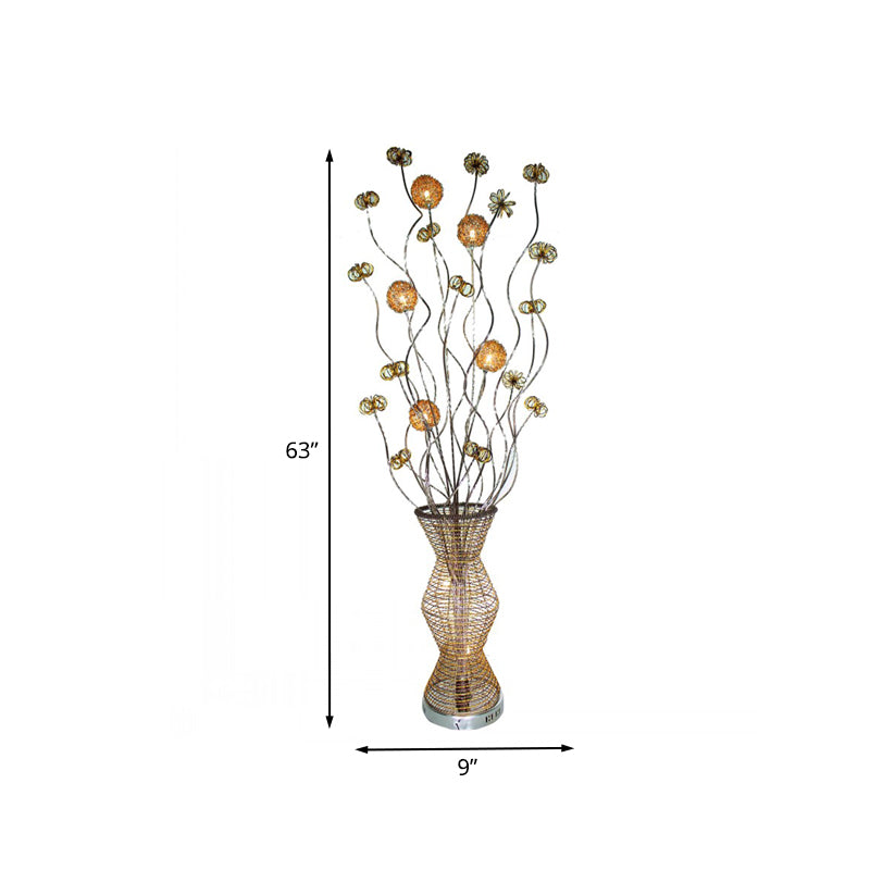 Gold LED Stand Up Lamp Art Decor Metallic Bamboo Basket Shape Reading Floor Light with Flower Decor Clearhalo 'Floor Lamps' 'Lamps' Lighting' 1195366