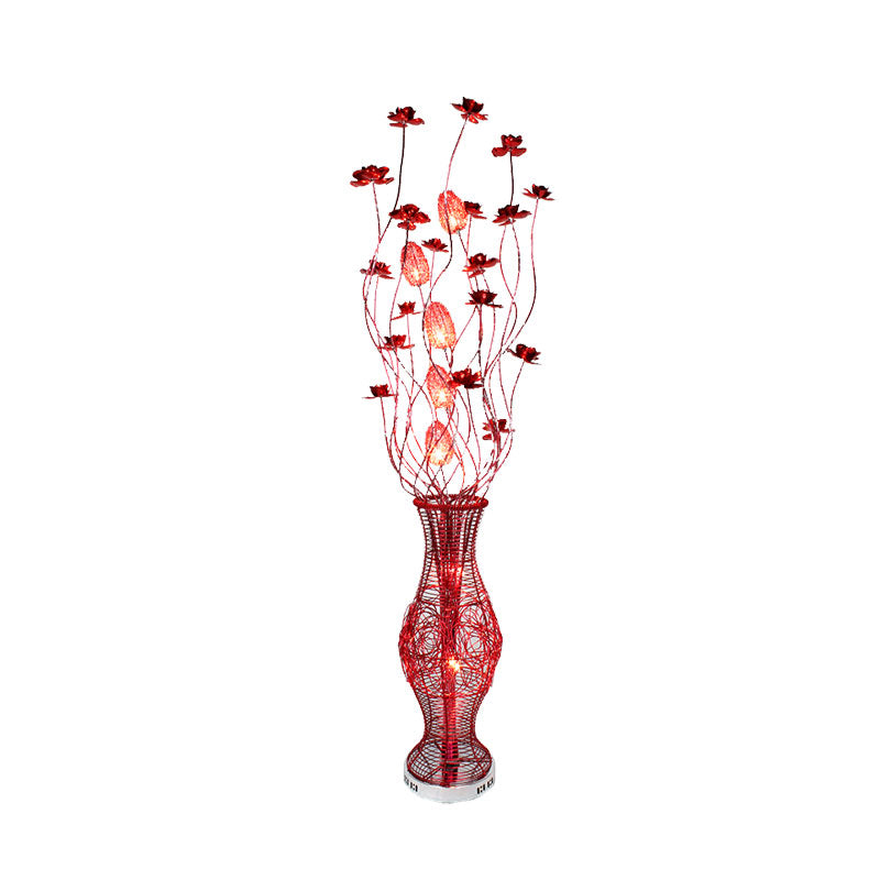 Floral Aluminum Curvy Linear Floor Light Decorative Bedroom LED Standing Lamp with Urn Pedestal in Red Clearhalo 'Floor Lamps' 'Lamps' Lighting' 1195369