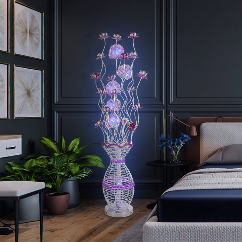 Metal Hollowed Urn Floor Lighting Art Decor LED Bedroom Reading Floor Lamp with Blossom Decor in Purple, Warm/White Light Purple Clearhalo 'Floor Lamps' 'Lamps' Lighting' 1195419