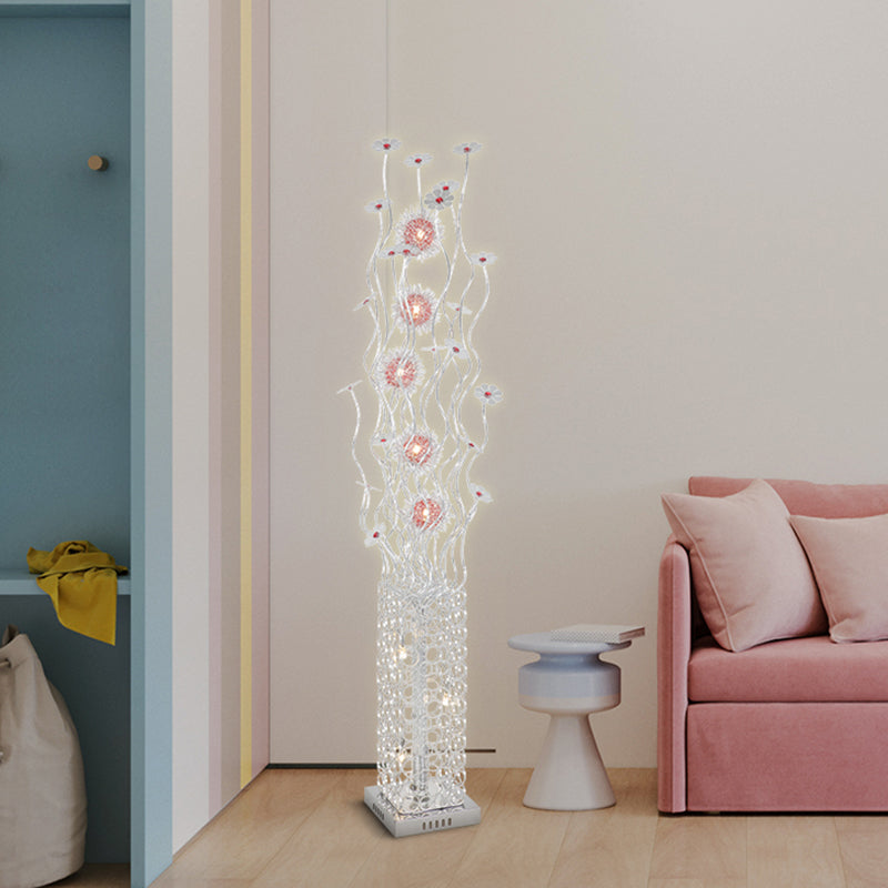 Cuboid Metallic Stand Up Lamp Decorative Living Room LED Floor Lighting with Floret Design in Silver, Warm/White Light Silver Clearhalo 'Floor Lamps' 'Lamps' Lighting' 1195431