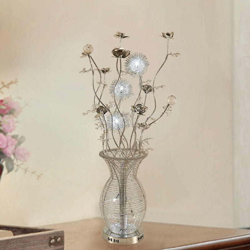Urn-Like Metallic Table Lamp Decorative Bedroom Swing Arm LED Nightstand Light with Flower Design in Silver Clearhalo 'Lamps' 'Table Lamps' Lighting' 1195452