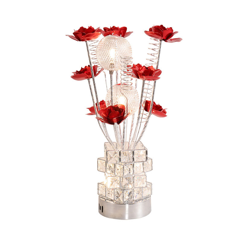 Art Decor Floral Table Lamp LED Aluminum Desk Light with Crystal Block Base in Purple/Red for Bedside Clearhalo 'Lamps' 'Table Lamps' Lighting' 1195488