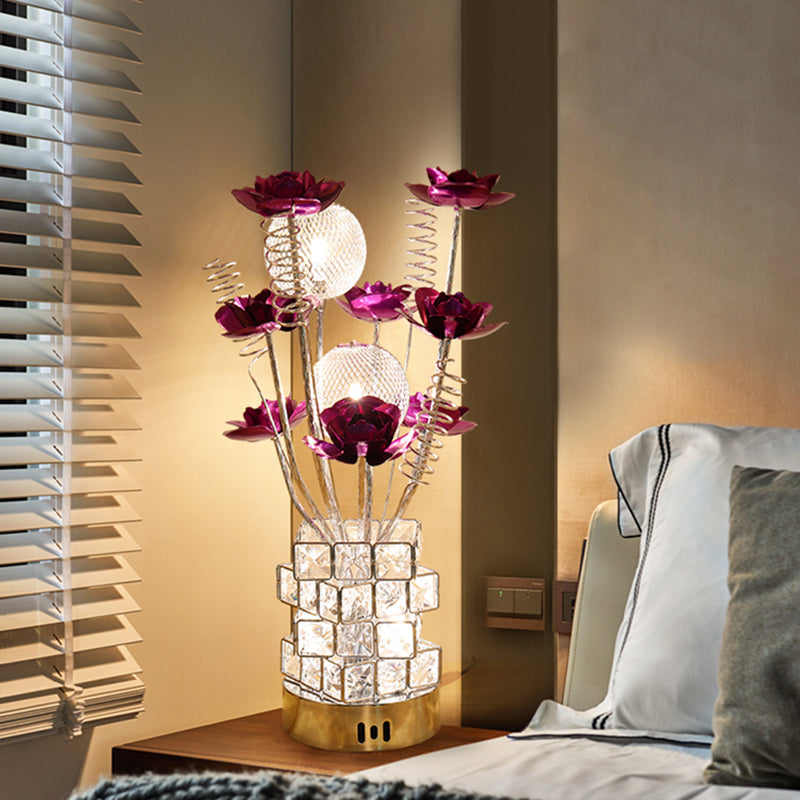 Art Decor Floral Table Lamp LED Aluminum Desk Light with Crystal Block Base in Purple/Red for Bedside Clearhalo 'Lamps' 'Table Lamps' Lighting' 1195493