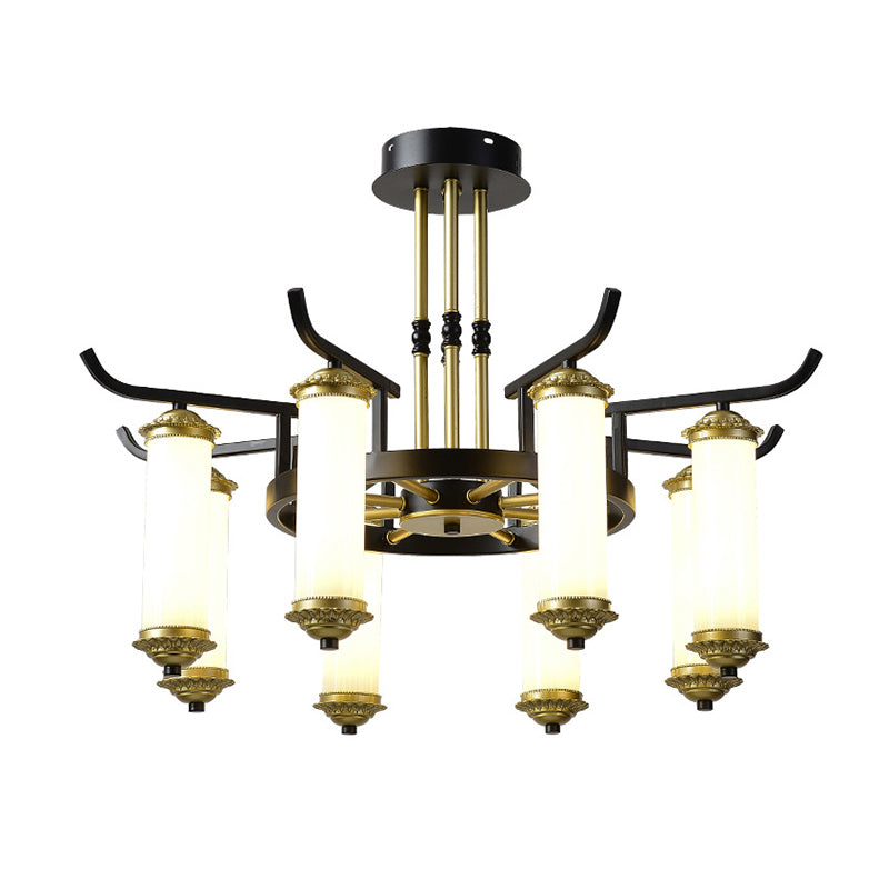 8/10 Bulbs Chandelier Lighting Fixture Countryside Column Frosted Glass Ceiling Lamp in Black-Gold Clearhalo 'Ceiling Lights' 'Chandeliers' Lighting' options 1197632