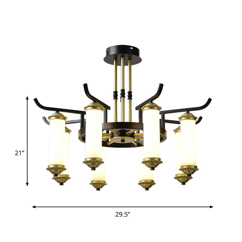 8/10 Bulbs Chandelier Lighting Fixture Countryside Column Frosted Glass Ceiling Lamp in Black-Gold Clearhalo 'Ceiling Lights' 'Chandeliers' Lighting' options 1197633