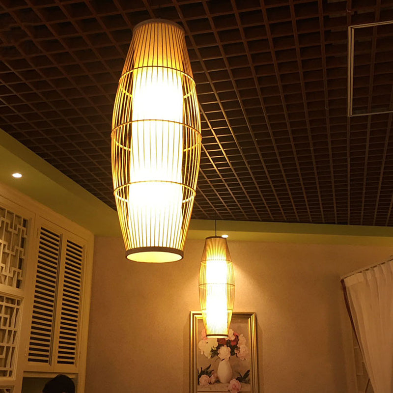 Asian Ellipse Shade Hanging Light for Restaurant Hand Made Bamboo Suspension Light in Beige Clearhalo 'Ceiling Lights' 'Pendant Lights' 'Pendants' Lighting' 119771