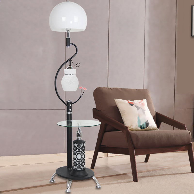 Black/White Dome Shade Task Floor Lamp Countryside Style Beveled Crystal 2-Bulb Standing Light Black Clearhalo 'Floor Lamps' 'Lamps' Lighting' 1197765