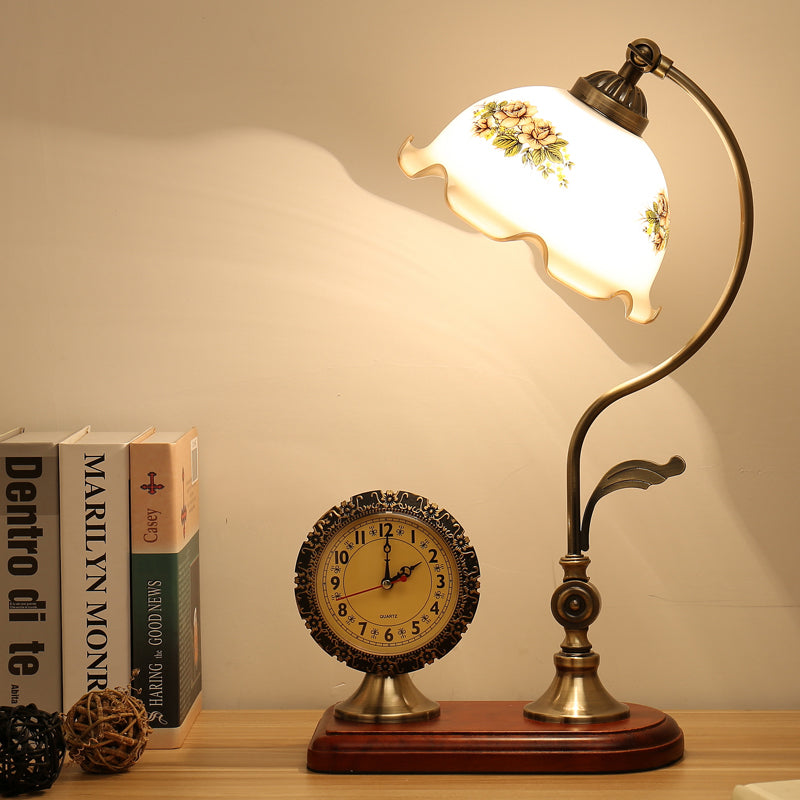 Faceted Crystal Floral Table Lamp Countryside 1 Bulb Study Room Nightstand Lamp in Red Brown with Clock Design Red Brown Clearhalo 'Lamps' 'Table Lamps' Lighting' 1197801