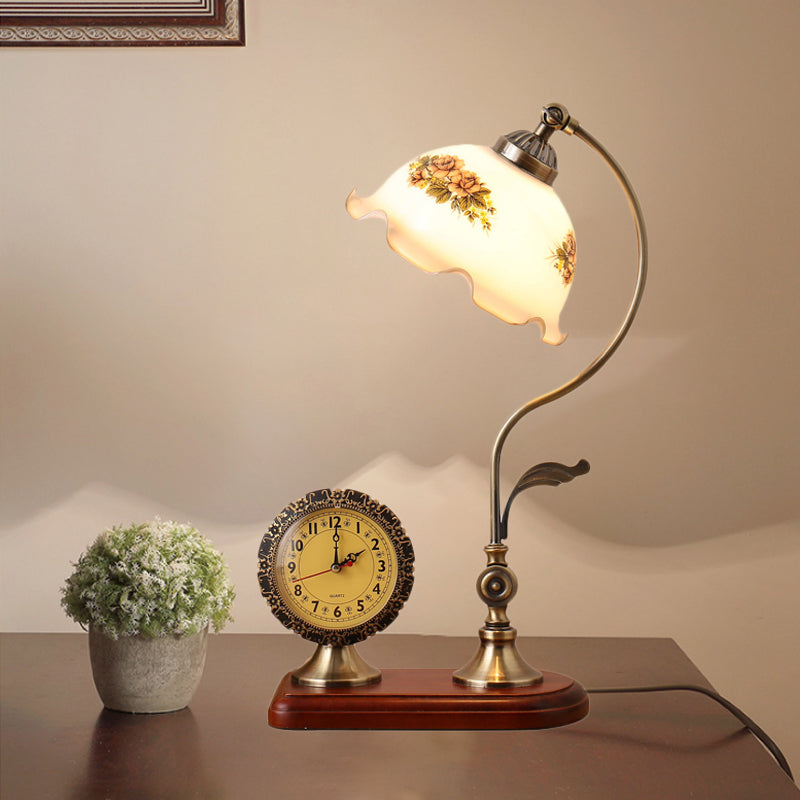 Faceted Crystal Floral Table Lamp Countryside 1 Bulb Study Room Nightstand Lamp in Red Brown with Clock Design Clearhalo 'Lamps' 'Table Lamps' Lighting' 1197802