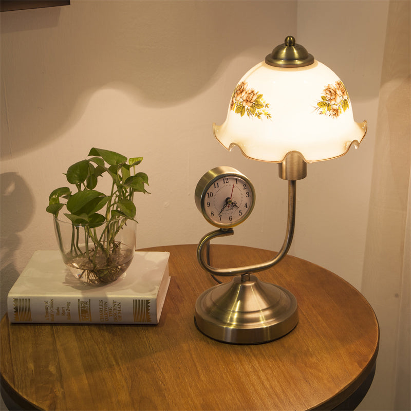 1 Head Floral Shade Table Lamp Rural Style Beveled Crystal Nightstand Lamp in Brass Brass Clearhalo 'Lamps' 'Table Lamps' Lighting' 1197809