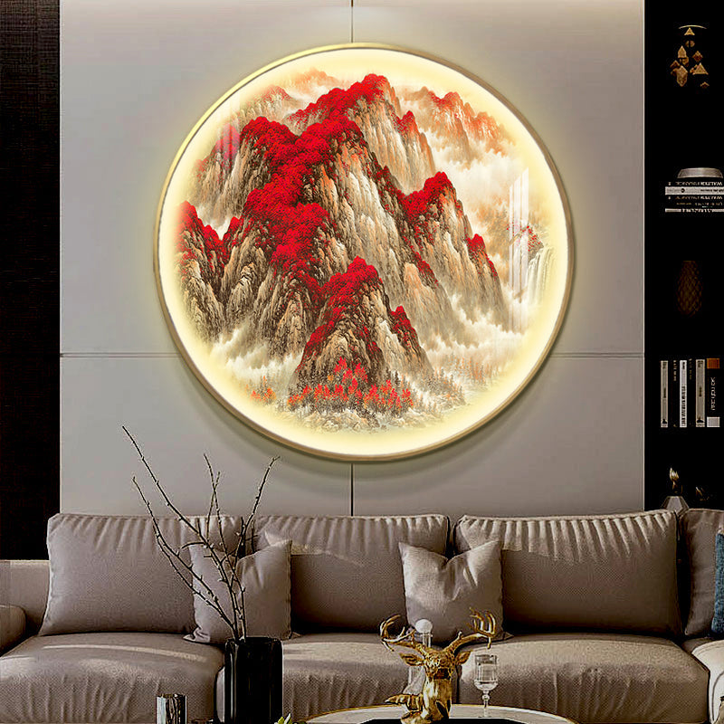 Red Circular Mountain Patterned Wall Lamp Oriental Style LED Metallic Mural Light for Guest Room Red Clearhalo 'Wall Lamps & Sconces' 'Wall Lights' Lighting' 1197821