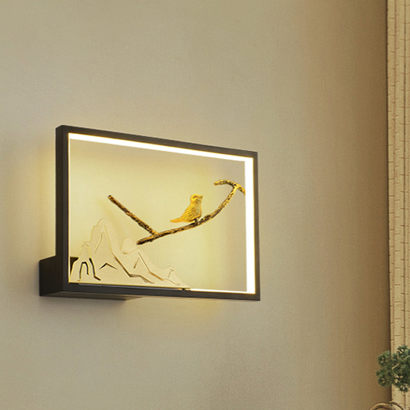 Metal Rectangle Bird and Mountain Mural Light Oriental Style LED Wall Lighting Idea in Black Black Clearhalo 'Wall Lamps & Sconces' 'Wall Lights' Lighting' 1197829