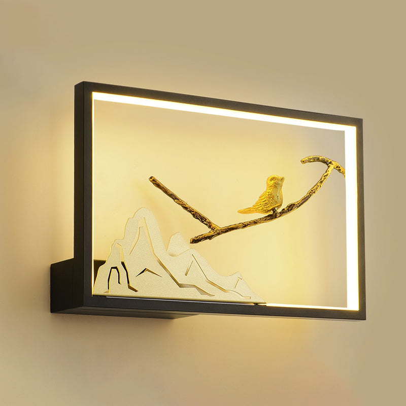 Metal Rectangle Bird and Mountain Mural Light Oriental Style LED Wall Lighting Idea in Black Clearhalo 'Wall Lamps & Sconces' 'Wall Lights' Lighting' 1197831