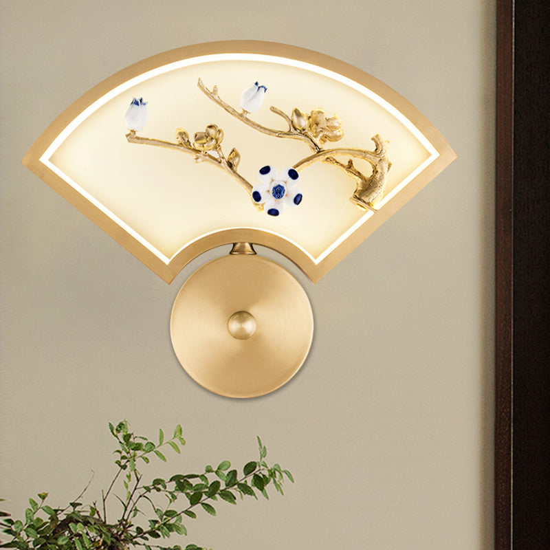 Fan Metal Branch Wall Mural Lamp Chinese Style LED Gold Wall Mounted Lighting for Corridor Gold Clearhalo 'Wall Lamps & Sconces' 'Wall Lights' Lighting' 1197841